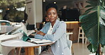 Thinking, remote work and business black woman in cafe for  planning, reflection and hospitality manager. Restaurant schedule, vision and coffee shop budget with person for planning, research or idea