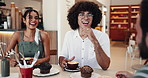 People, restaurant and talking with coffee, laughing and care in friendship for social security. Friends, cafe and funny conversation for bonding together in bistro reunion, humor and communication