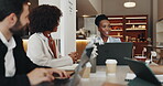 Meeting, group and woman with laptop, cafe and plan for project with tech, sales manager and talking. Corporate, colleagues and discussion for collaboration in restaurant, business or people with web