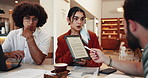 People, cafe and tablet for sales report, manager and team update for restaurant inventory. Coffee shop, explaining market research and online for hospitality service target, stock and statistics
