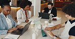 Online, cafe and man with laptop, group and plan for project with tech, sales manager and research. Corporate, colleagues and discussion for collaboration in restaurant , serious and people with web