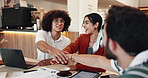 People, hands together and restaurant team in circle, sales goals and applause for motivation. Employees, coffee shop and huddle for collaboration in bistro, clapping and ambition for retail target