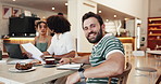 Business face, laughing and man with meeting in cafe for remote work, lunch break and project collaboration. Entrepreneur team, startup management and food in bistro for creative ideas and funny joke