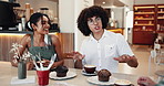 Friends, restaurant and talking with coffee, laughing and love in friendship for social security. People, cafe and funny conversation for bonding together in bistro reunion, humor and communication