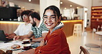 Business face, laughing and woman with meeting in cafe for remote work, lunch break and project collaboration. Entrepreneur team, startup management and food in bistro for creative ideas and strategy