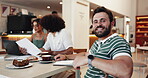 Business face, happy and man with meeting in cafe for remote work, startup planning and collaboration. Entrepreneur, team lunch and laughing in bistro for creative ideas, funding strategy or customer
