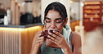 Woman, sweet and drinking tea for peace in cafe, inspiration and thinking with eyes closed in bistro. Calm, customer and cup of espresso for nostalgia memory, cappuccino and daydreaming with mug