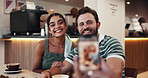 Cafe, couple of friends and photography together with thumbs up, peace sign and funny faces on coffee date. Restaurant, people and screen for happy memory, social media post or profile picture update
