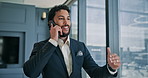 Happy, businessman and window with phone call for corporate discussion, proposal or improvement. Man, employee or company advisor talking with mobile smartphone for business negotiation or deal