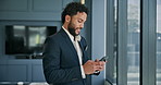Smile, business and man with phone in office for reading email, schedule update and financial planning. Accountant, mobile and research with budget growth, finance report and investment notification