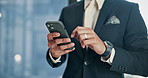 Hands, corporate and man with phone in office for reading email, schedule update and financial planning. Accountant, mobile and research with budget growth, finance report and investment notification