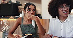 Friends, woman and eating cake in cafe for taste test, dessert approval and new flavor discussion. Local support, people and bonding in coffee shop with meal sharing and delicious chocolate treat