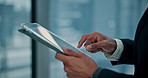 Tablet, research and hands of businessman by window in office reading stock market development for investment. Digital technology, communication and financial manager with email for finance proposal.