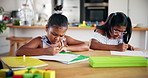 Girls, homework and sisters with education, writing and books for learning, knowledge and art. Notes, kids and children with growth, studying and development with help, 
creativity and reading