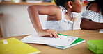 Homework, girl and children siblings for education, support and care for preschool, learning and growth. Copy, cheating and kids writing on book for knowledge, math and skills in child development