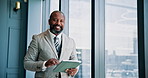 Tablet, research and face of mature businessman by window in office reading stock market development for investment. Technology, portrait and male financial manager with email for finance proposal.