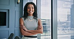 Crossed arms, happy and face of businesswoman in office with confidence for finance career. Professional, portrait and female financial manager from Mexico with pride for company investment turnover.