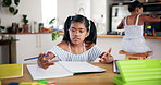 Homework, girl and student counting for education, assessment or test for preschool, learning and growth. Solution, literacy or kid writing in book for knowledge, math and skills in child development