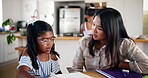 Homework, girl and mom with child for learning, support and care for studying, education and growth. Mother, single parent and female kid writing in book for knowledge, math and skills development