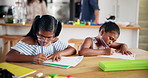 Homework, girls and children siblings writing for education, support and literacy for preschool, learning and growth. Study, test and kids with book for knowledge, math or skills in child development