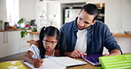 Homework, girl and dad with child for learning, support and care for studying, education and growth. Father, single parent and female kid writing in book for knowledge, math and skills development