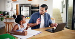 Remote work, father and girl with book, laptop and energy with deadline, education and questions. Dad, daughter and computer with adhd, child or learning with autism, questions and distracted in home