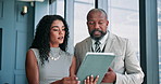Office, business people and teamwork with tablet for discussion, finance and investment research. Collaboration, mature investor and financial advisor with tech for risk management, report and advice