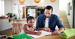 Writing, homework and dad with child in home with notebook for learning, education and lesson. Student, family and young girl with father for development, helping and knowledge for school project