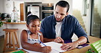 Homework, girl and dad with kid for teaching, support and care for studying, education and growth. Father, single parent or child writing in book for learning knowledge, math and skills development