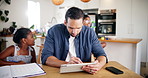 Home, busy and dad with tablet, children or asking father for help, web designer or stress for deadline. Digital, parent and person with project in kitchen, anxious or kids with homework in apartment