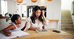 Home, stress and woman with tablet, children and asking mom for help, web designer or anxious for deadline. Digital, parent and person with project in kitchen, chaos and shouting at girl in apartment