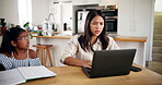 Home, frustrated and woman with laptop, children and asking mom for help, web designer or anxiety for deadline. Digital, parent and person with project in kitchen, stress or shouting at girl in house