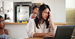 Home, children and mother with laptop for annoyed, multitasking and stress for remote work in kitchen. Freelancer, mom and girl with distraction for education help, attention and frustrated woman