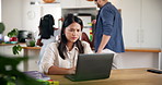 Remote work, laptop and mother in kitchen in home reading email for company overdraft protection approval. Computer, mom and freelance accountant with online tax audit or businesss expense claim.