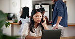 Remote work, laptop and woman with phone call for networking, discussion and planning with news source. Freelancer, female journalist and family with smile for article questions, information or chat