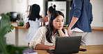 Remote work, laptop and mother with stress in home reading email for company overdraft protection approval. Computer, mom and freelance accountant with online tax audit or business expense claim.