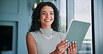 Face, business and woman on tablet in office for reading email, schedule update and financial planning. Accountant, digital and research for budget growth, finance report and investment notification