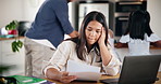 Frustrated mom, documents and stress with laptop for financial crisis, debt or outstanding payments. Mother, parent or anxiety with paperwork or depression for invoice, bills or expenses at house