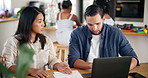 Argument, document and couple with laptop in kitchen for payment of overdue debt, bills or mortgage. Upset, fighting and woman in disagreement with man for bankruptcy account statement in home.