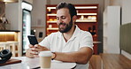 Phone, smile and relax with man in cafe for networking, social media post and lunch break. Communication, restaurant review and typing with person in coffee shop for customer experience and app