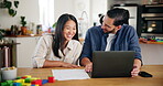 Home, couple and smile with laptop for finance, check expenses and discussion for budget goal. House, woman and man with digital for financial payment, review savings and mortgage bills with laughing