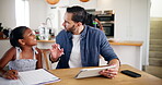 Home, stress and dad with tablet, children or asking father for help, web designer or anxious for deadline. Digital, parent and person with project in kitchen, busy or kids with homework in apartment