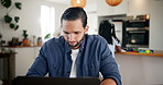 Remote work, laptop and man in kitchen online for planning, project and research on internet. Freelancer, working from home and person on computer for website editor, career and job with family