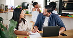 Fighting, document and couple with laptop in kitchen for payment of overdue debt, bills or mortgage. Upset, argument and woman in disagreement with man for bankruptcy account statement in home.