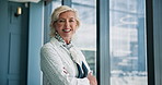Face, confident or mature businesswoman in corporate with smile, accounting experience or finance career. Proud, CEO or happy financial advisor in office for investment growth, portrait or ambition