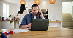 Kitchen, man and laptop with phone call for communication, loan consult or customer enquiry. Home, male person and talking with mobile for banking service, account help or invoice for financial bills