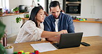 Home, couple and discussion with laptop for finance, check expenses and pointing for budget goal. House, woman and man with tech for financial payment, review savings and mortgage bills with talking