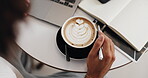 Latte, remote work and hands of person in cafe with cup for lunch break, freelancer and beverage. Cafeteria, laptop and above of espresso with closeup of customer in coffee shop for hospitality