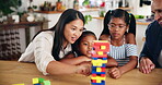 Family, fun and children with parents, relax and happy bonding together with stacking game in home. Kids, mom and dad with wood puzzle, smile and development for weekend toys for creative support