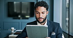 Tablet, research and businessman in office reading stock market development for investment. Digital technology, communication and male financial manager with email for finance proposal approval.